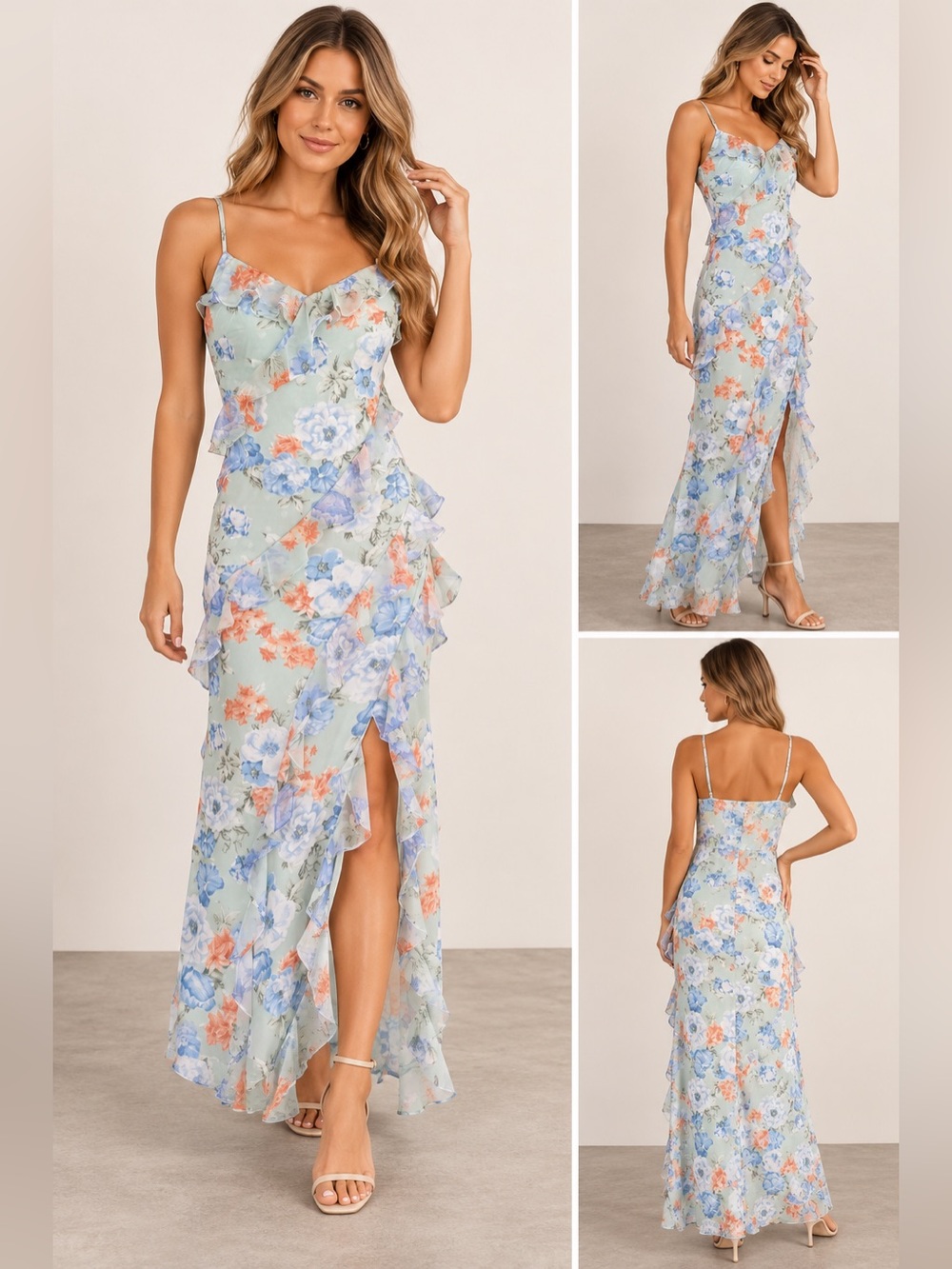 IN San Francisco Floral Ruffle Maxi Dress M Small-Medium Mint Blue